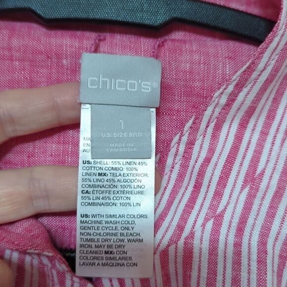 Chico’s Reversible Pink Railroad Striped To Solid Linen Jacket sz 1 Medium - Picture 9 of 10
